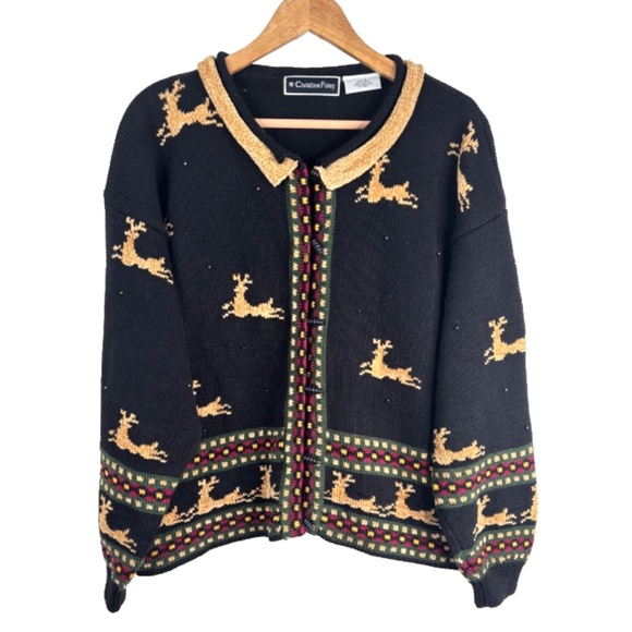 VTG 90s Christine Foley Christmas Cardigan Sweater 2 Black Reindeer Fair Isle - Picture 11 of 11